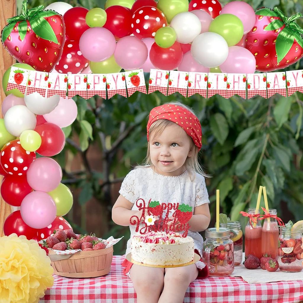 103 PCs Strawberry Party Decorations, Hombae Strawberry Decorations for Birthday Backdrop Balloon Garland Arch Happy Birthday Banner Cake Cupcake