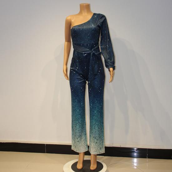 Kombinezon damski na imprezę z szerokimi nogawkami, z wysokim stanem, z błyszczącym pudrem, z jednym długim rękawem