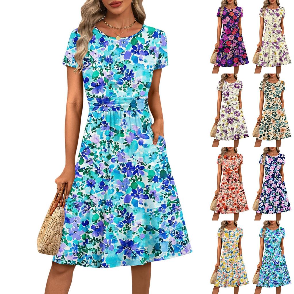 Women's Casual Fashion Round Neck Pleated Short Sleeve Floral Print A-Line Midi Dress