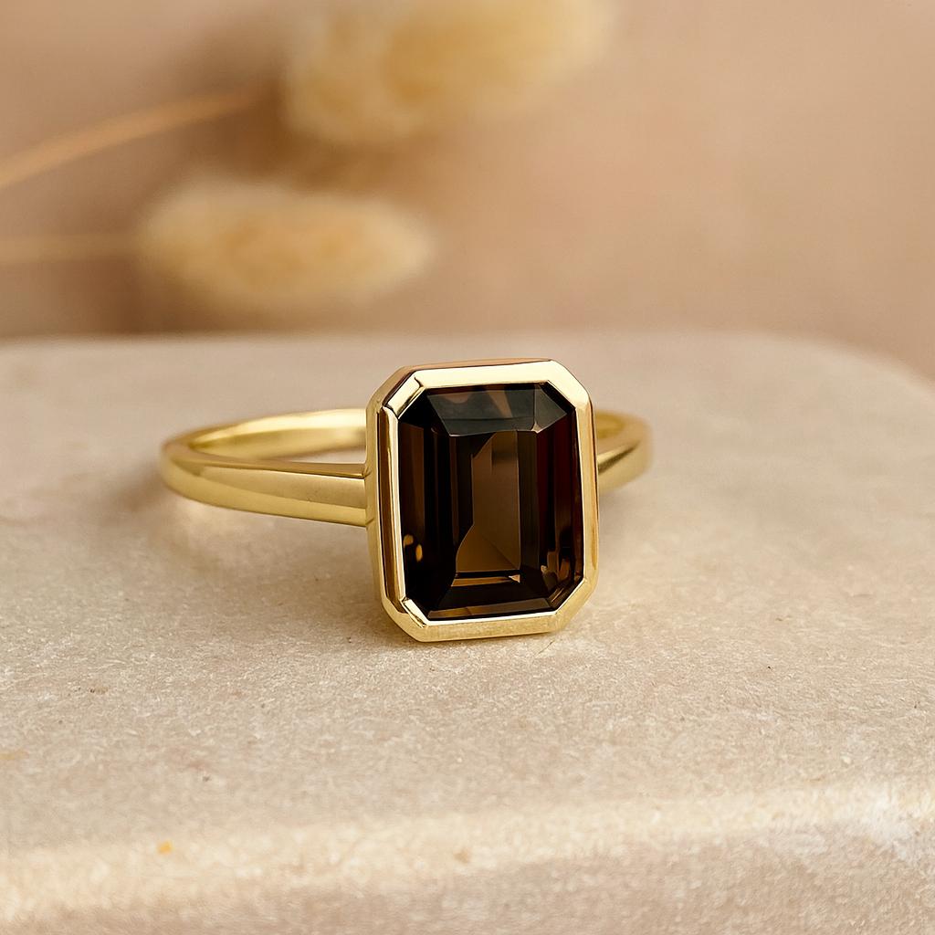 Emerald Cut Smoky Quartz Ring, Yellow Gold Plated Silver, Bezel Set Brown CZ Solitaire Statement Ring for Women