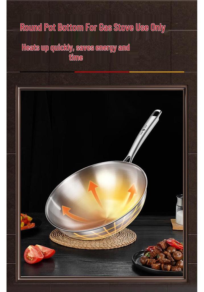Food-Grade 304/316L Stainless Steel Induction Wok, Non-Stick, Round Bottom, No Coating