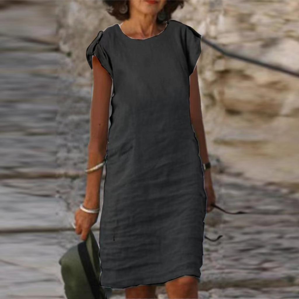 Womens Fashion Color Button Party Dresses Women Elegant O-Neck Short Sleeve Beach Dress Ladies Casual Loose A-Line Dress