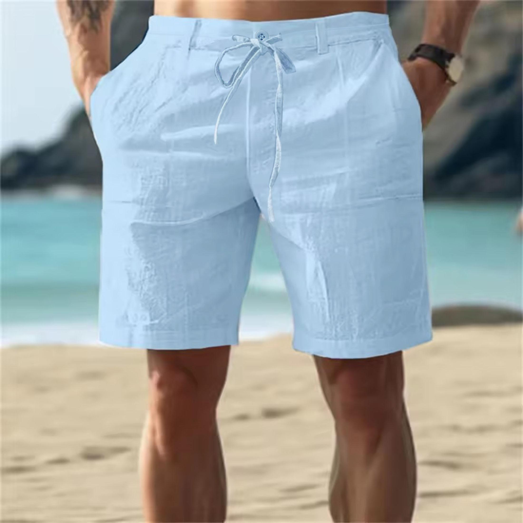 King Billion Heren Casual Katoen Linnen Shorts Zomer Ademend Effen Kleur Elastische Taille Trekkoord Broek Streetwear Activewear S-3XL L blauw