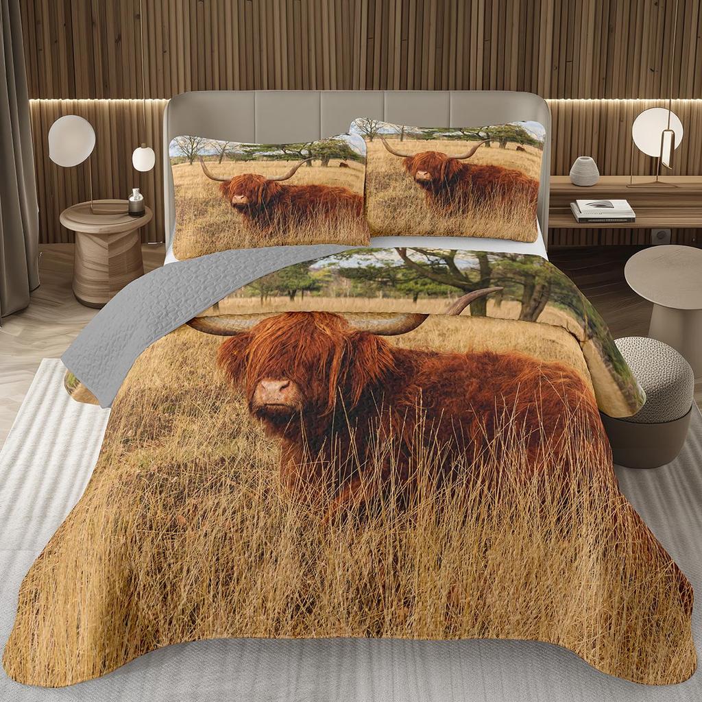 Hochlandkuh Tagesdecke Twin/King Bauernhoftier Stier Rind Überwurf Rustikaler Landhausstil Gestepptes Bettwäscheset Wendbare Tagesdecken