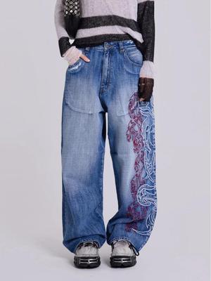Y2K Embroidery Design Loose Floor-Length Unisex Jeans