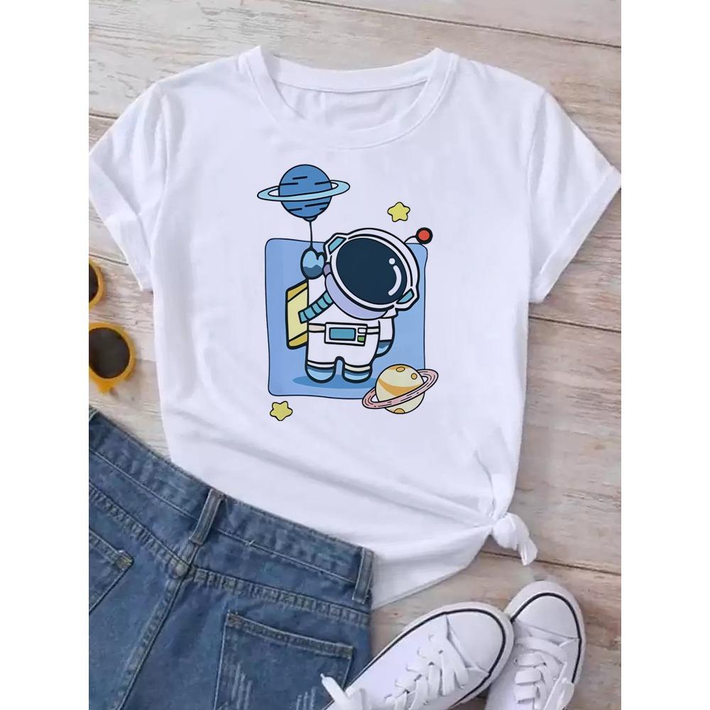 Maycaur T-shirt Dames Maan Planeet Print Mode T-shirts Casual Ronde Hals Korte Mouw Streetwear Dames T-shirt Vintage Tops