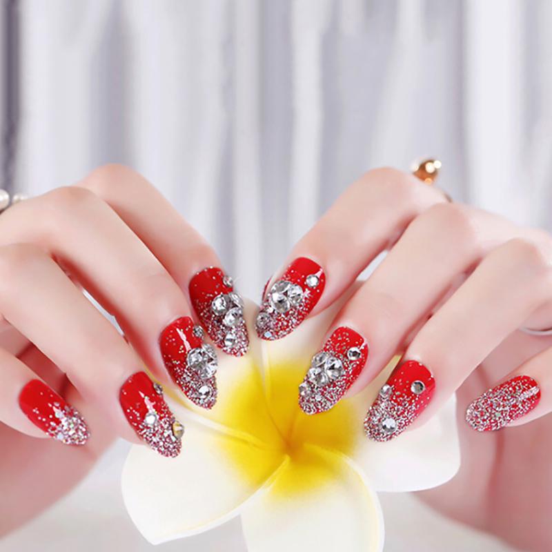 24Pcs Red Round False Nails Acrylic Uv Gel Full French Fake Nails Art Tips Tools