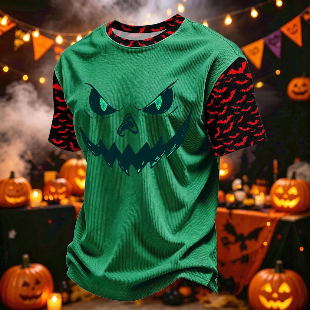 Men's Casual Corduroy Short Sleeve Crew Neck Lightweight Breathable Top Halloween Print Design Comfortable Fit