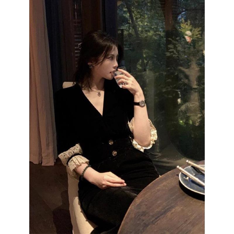 Velvet Autumn and Winter Women's Clothing High-end Spring and Autumn New Formal Settings Dress Small Black Dress