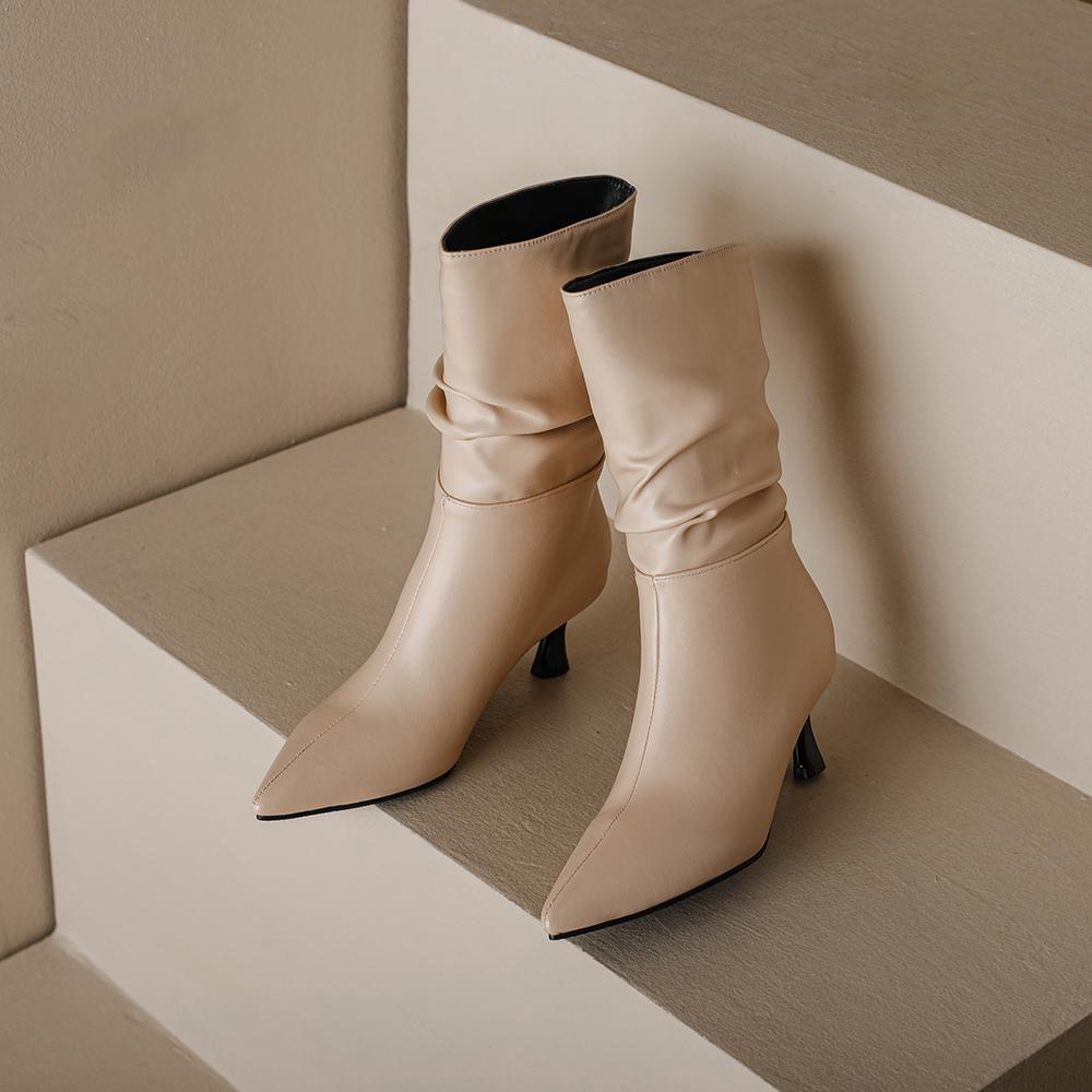 Apricot Brown Women Mid Calf Boots Mid Thin Heel Small Big Size 32 48