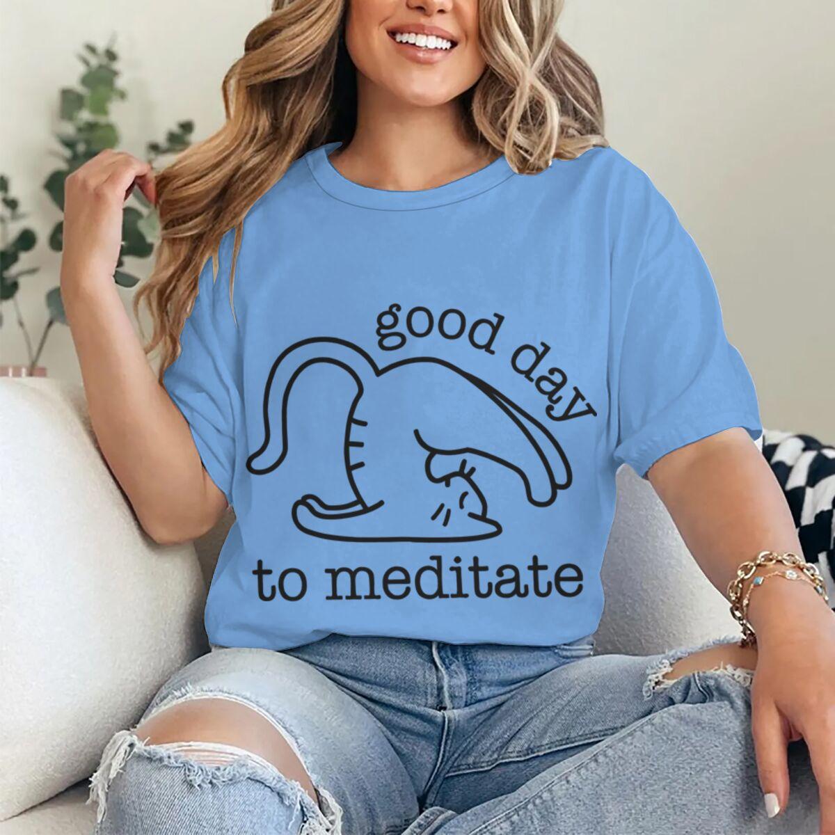 

Cute Cat Yoga T Shirts Good Day To Meditate Retro Graphic Tees Women Unisex Short Sleeve Mom Dad Fun Casual Round Neck Tshirts S