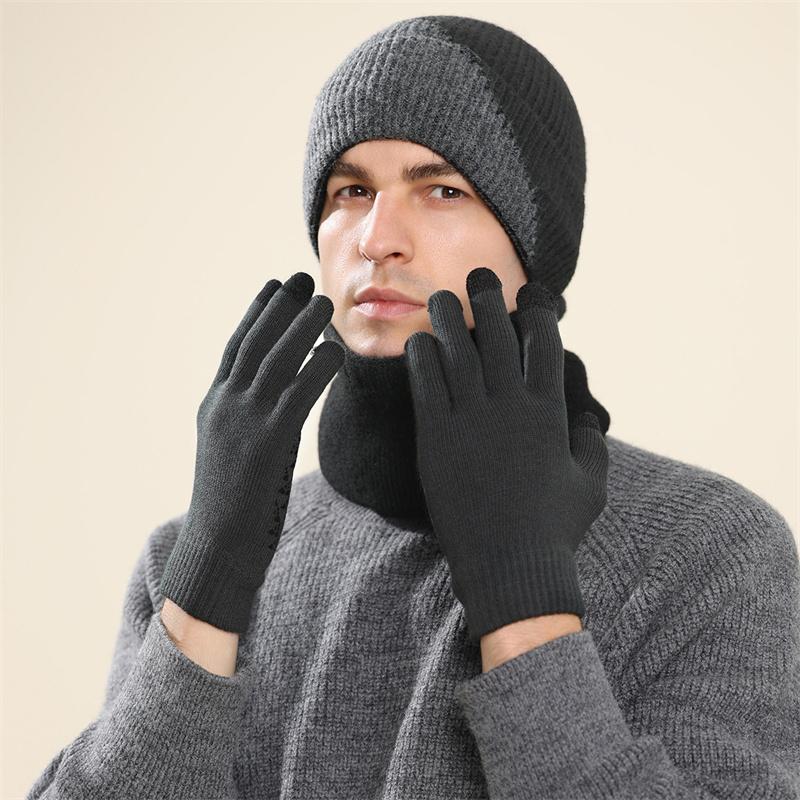 Winter Wool Hat Men Color-Matching Cashmere Knitted Hat Gloves Neck Set Three-Piece Thick Cold-Proof Cap