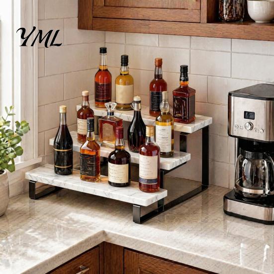 Countertop Bottle Display Holder Liquor Shelf, Coffee Syrup Rack Organizer, 3 Step Wine Collection Stand for Mini Bar Cabinet, Home Retro Shelf