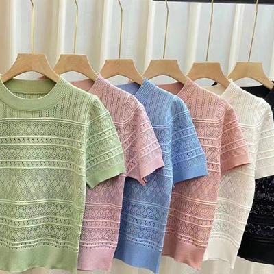 Summer Sweet Round Neck Knitted Shirt Design with Hollow Jacquard Bubble Sleeves Thin Top for Women