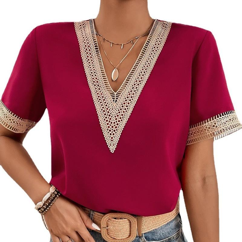 Fashion 2025 Short Sleeve Chiffon Shirt Hollow Out Embroidery White Blouses Women Tops Elegant V-neck Office Casual Shirts 21064
