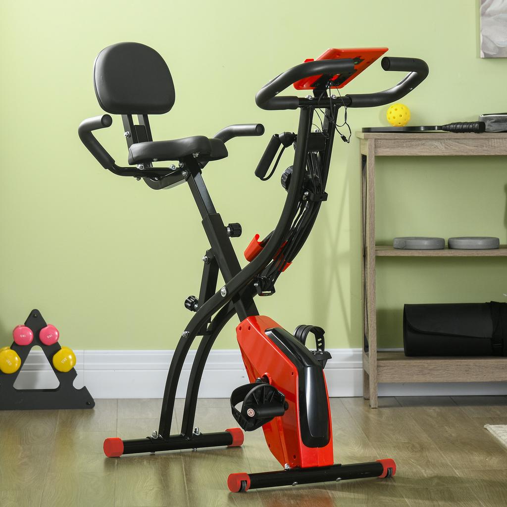 2-in-1 Folding Exercise Bike with 8-Level Magnetic Resistance, Arm Resistance Band, Pulse Sensor, Red