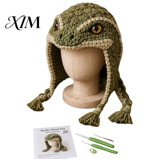Creative Hobby for Adults Animal Hood Hat Crochet Kit, DIY Earflap Easy Supplies Cute Craft Kit Beginners, Handmade Winter Headwear