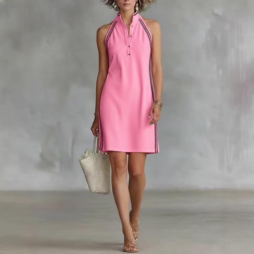 Sleeveless Solid Color Button-up Stand Collar Mini Dress