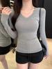 Women's Slim Fit V-Neck Retro T-Shirt: Versatile Autumn Base Layer Top