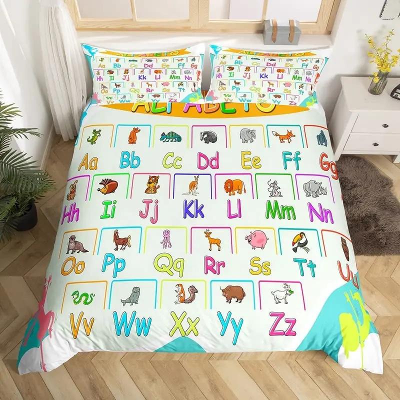 Comforter Cute Cartoon Animals Twin For Kids Boys English Alphabet Bedding Set Cute Monkey Colored Letters Comforter
