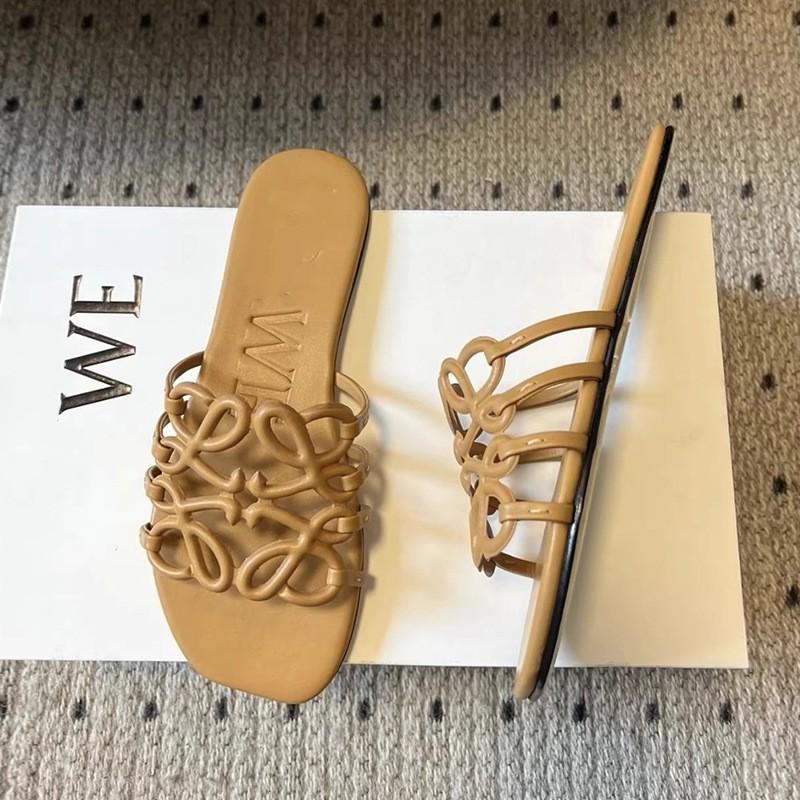 Sheepskin version~ Square head open-toed hollow-out one-word drag, leather versatile slippers, simple sandals, lazy beach shoes