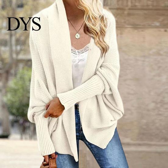 Women Cardigan Coat Collarless Batwing Long Sleeve Open Front Knitting Layering Jacket Elastic Cuffs Solid Color Loose Fit Knitted