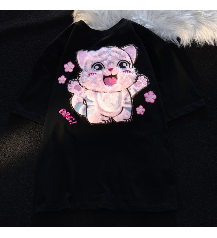 Guochao Oversized Flocked Cute Tiger Tee – Unisex Short-Sleeve, Niche Design, Couple Outfits
