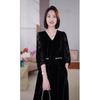 Autumn Gold Velvet Long Sleeve Dress - Slimming Mid-Length Over-the-Knee Skirt