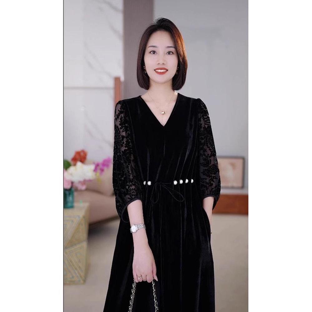 Autumn Gold Velvet Long Sleeve Dress - Slimming Mid-Length Over-the-Knee Skirt