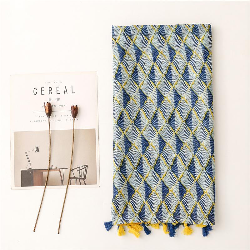 Four Seasons Japanese Style Small Fresh Cotton And Linen Hand Feel Scarf, Silk Scarf, Encrypted Bali Gauze, Blue Leaf Travel Shawl