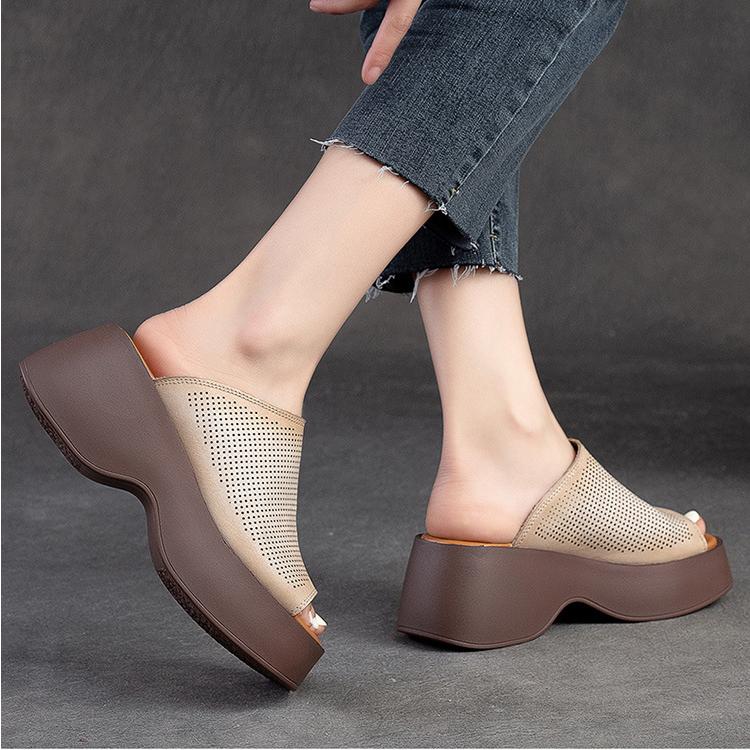 Johnature Genuine Leather Thick Soles Peep Toe Shoes Women Vintage Wedges Slides Outdoor Platform Slippers