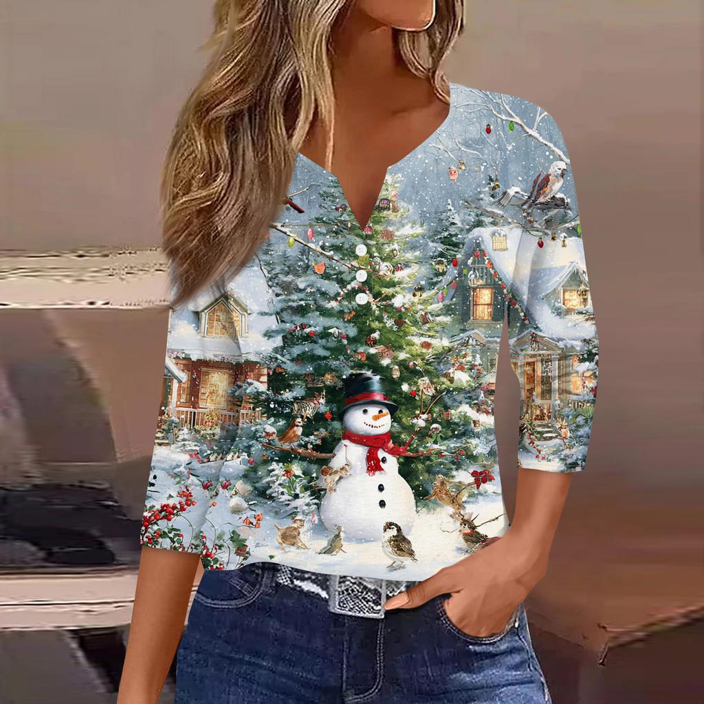 Women's Fashion Casual Halloween Printed V-Neck Short Sleeve Decorative Button Three-quarter Sleeve T-shirt Top