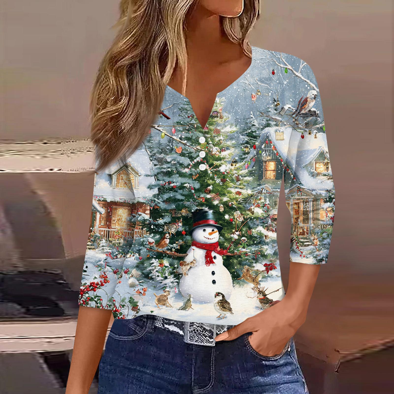 

Женская мода Повседневная футболка с принтом на Хэллоуин, V-образным вырезом, коротким рукавом, декоративными пуговицами, рукавом три четверти S