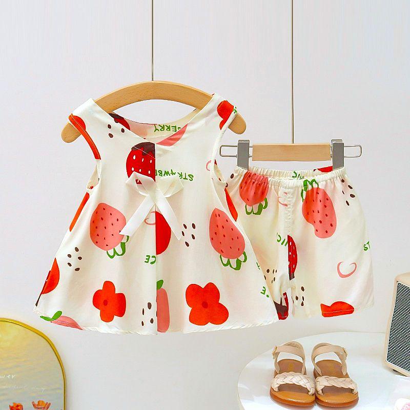 Girls' Summer Cotton and Silk Sleeveless Two-piece Floral Floral Floral Pattern Set