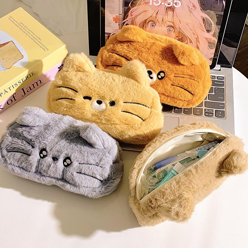 Cute Plush Cat Pencil Case Soft Fluffy Texture Large Storage Perfect For School Students Office Stationery Organization