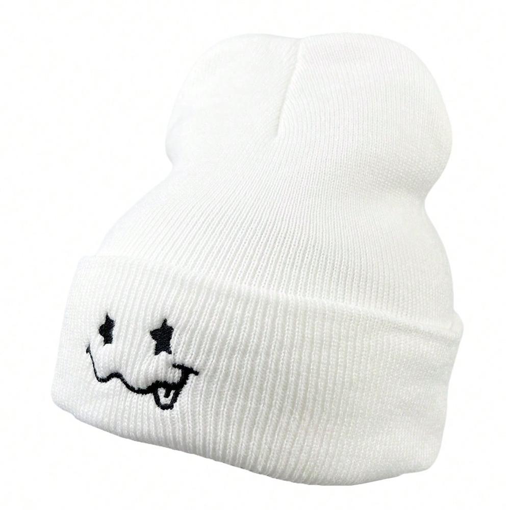1pc Cute Expression Embroidered Knitted Hat Winter Warm And Versatile Couple Hats For Men And Women