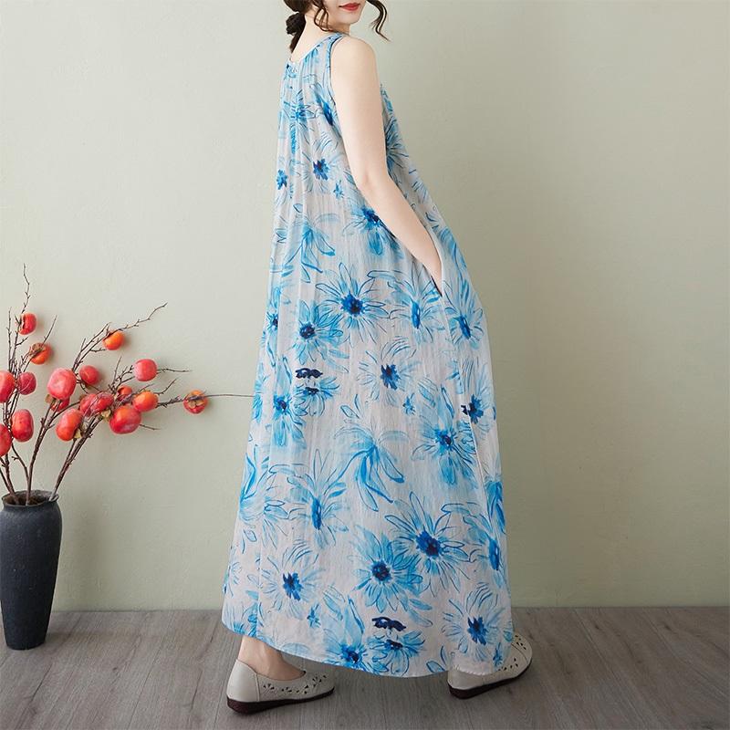 Sleeveless Plus Size Cotton Vintage Floral New In Dresses for Women Casual Loose Long Summer Dress