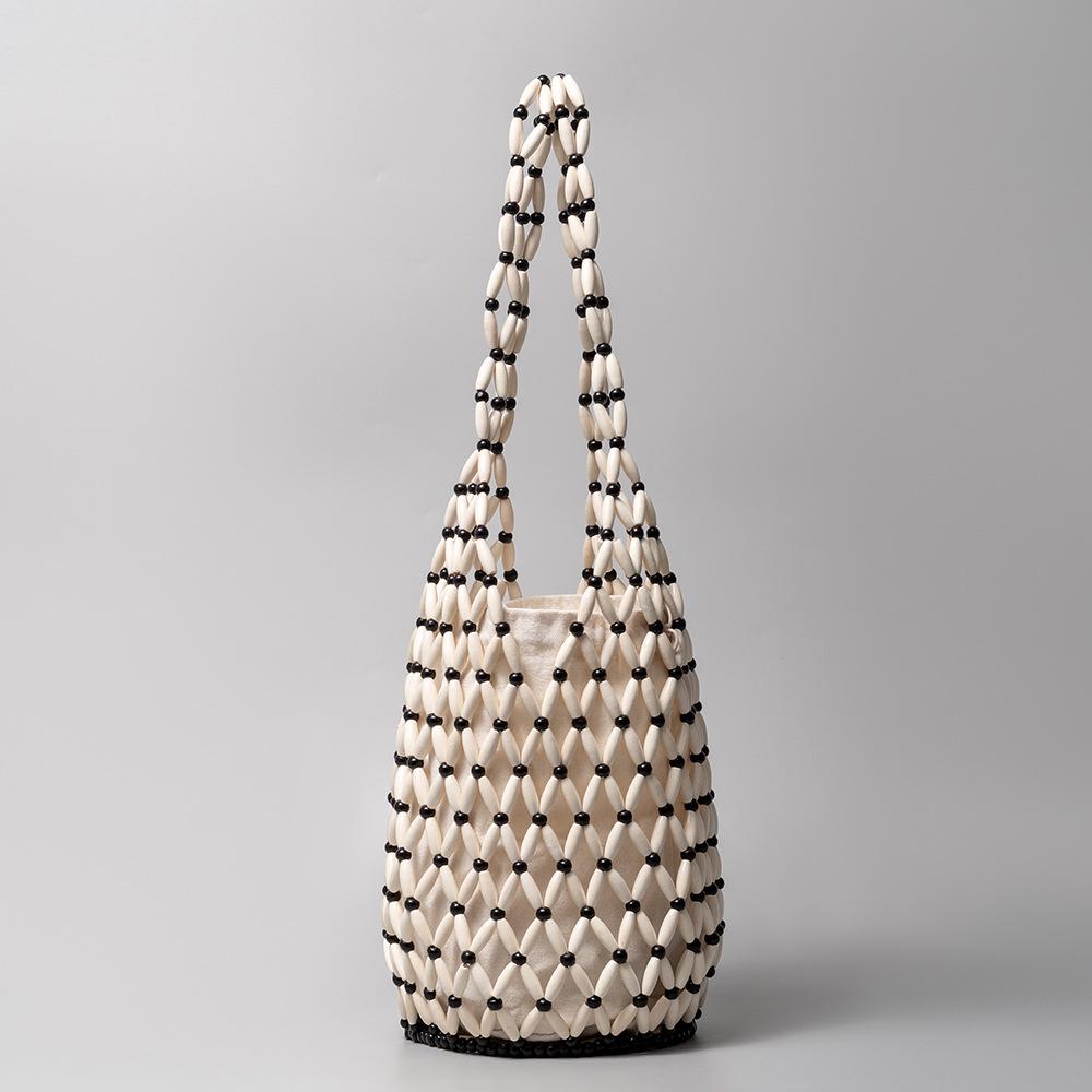 "Women's Summer Hollow Wooden Bead Woven Bucket Shoulder Bag"