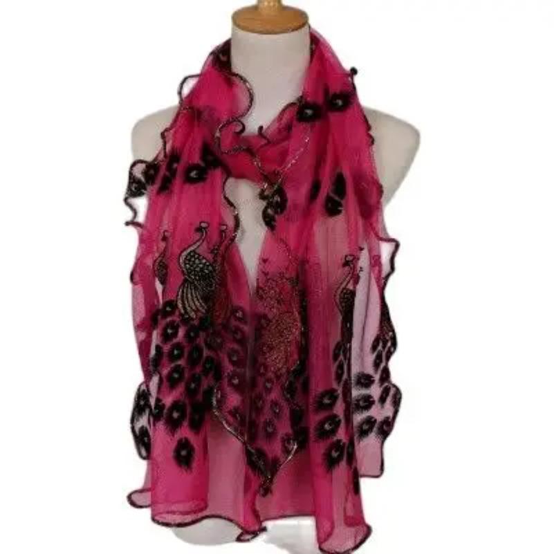 Women Chiffon Neck Scarf Flower Peacock Embroidered Lace Scarf Femmes Silk Long Soft Elegant Shawl New Spring Muffler Scarves