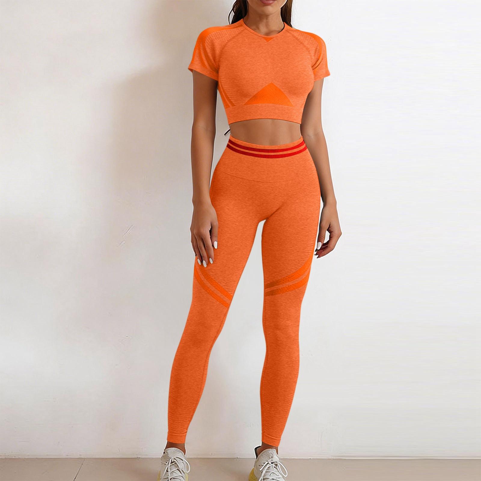 Women s Casual New Fitness Yoga Quick-Dry Sports Running Yoga Short Sleeve Long Pants Set S оранжевый
