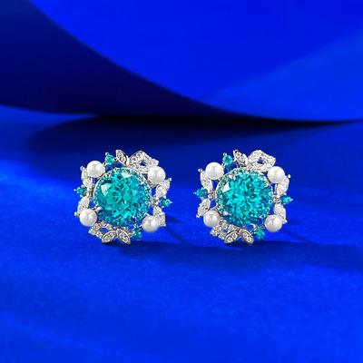 One Carat Paraiba Blue Jacaranda Flower Pearl Stud Earrings Light Luxury