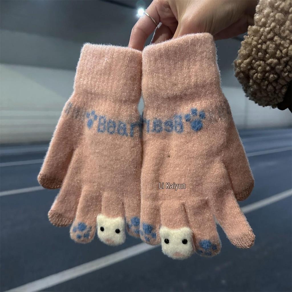 Women's Cute Winter Touchscreen Wool Knit Gloves - Velvet Lined, Cold-Proof for Cycling and Daily Wear