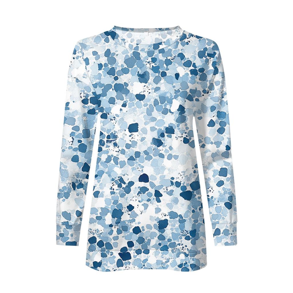 Damen Rundhals-Oberteile, Baumwolle, Damen, lässig, modisch, bedruckt, langärmelig, O-Ausschnitt, Pullover, Oberteil, Bluse