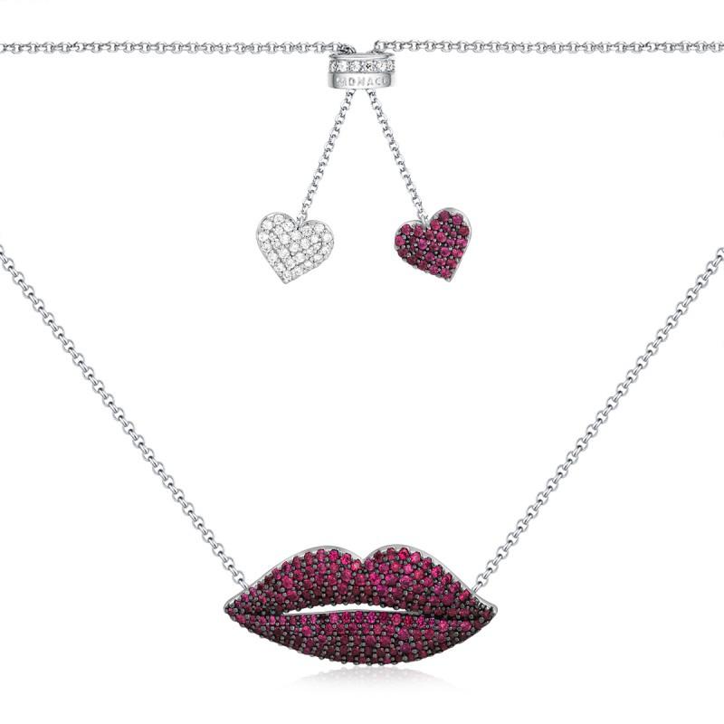 APM Monaco Crystal-encrusted red lips with double heart-shaped chain tails 925 silver necklace for women AC4278XKR