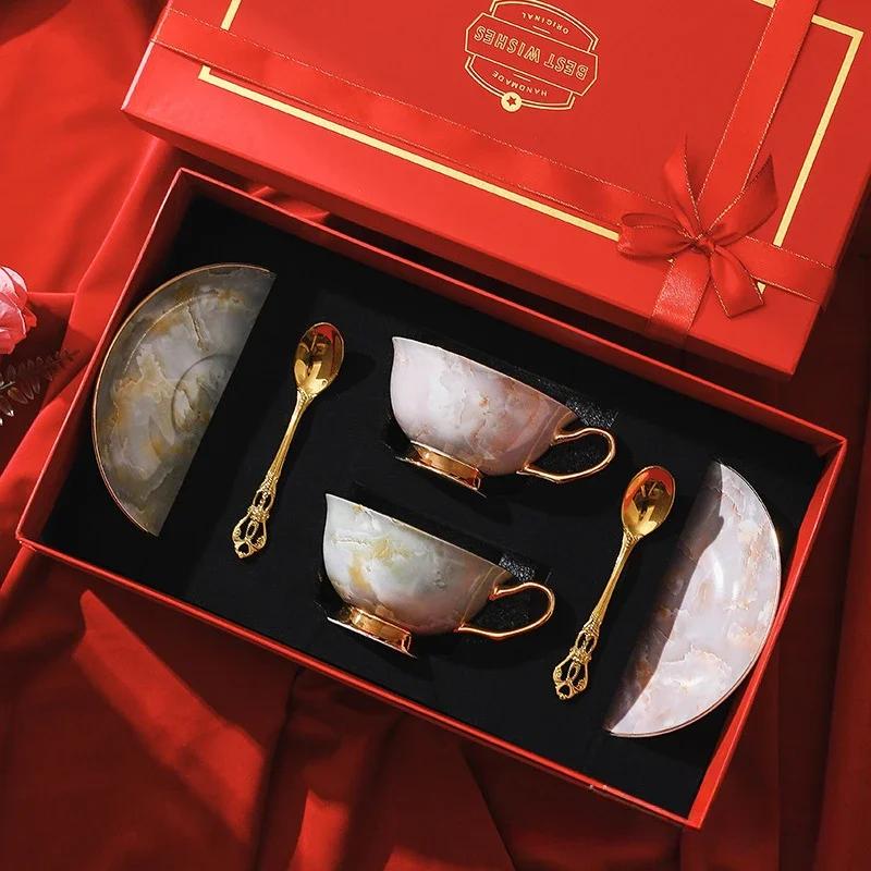 Exquisite Souvenir Bone China Coffee Cup Saucer Set Creative Water CupTea Cup European Style High-Value Tea Cup Tea Set Gift box