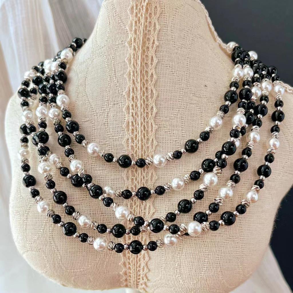 Vintage High Quality Natural Black Agate Artificial Australian White Pearl Necklace Collarbone Chain