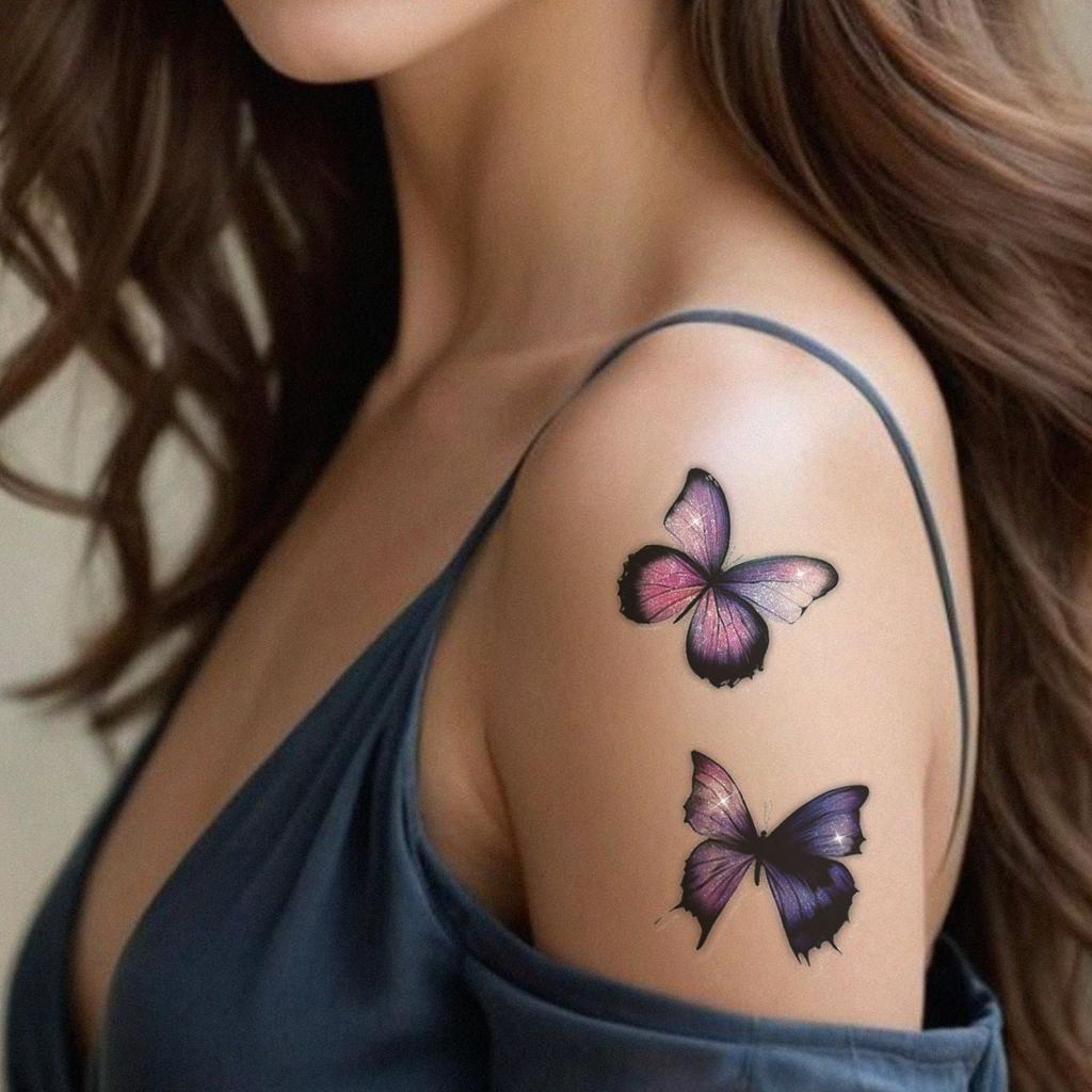 Purple And Black Gradual Change Glitter Butterfly Tattoo Sticker, Waterproof And Long-Lasting, Pure Desire Collarbone Sticker