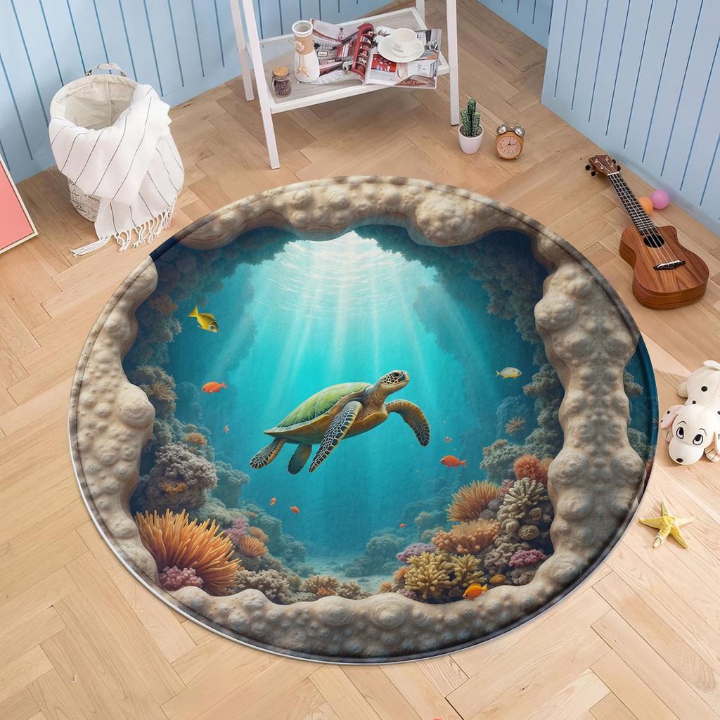 3D Realistic Sea Turtle Ocean View Round Rug, Underwater Coral Reef Marine Life Floor Mat for Living Room, Bedroom, or Entryway