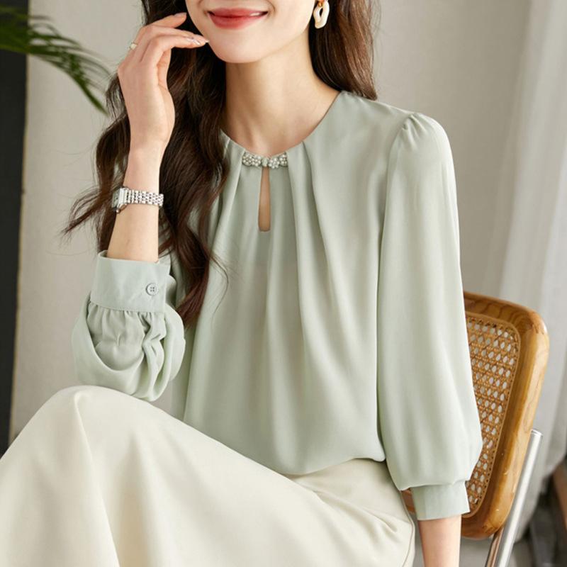 Camicia Nera in Chiffon Taglie Forti da Donna Primavera Maniche Lunghe Bluse Top Stile Coreano Camicie Larghe