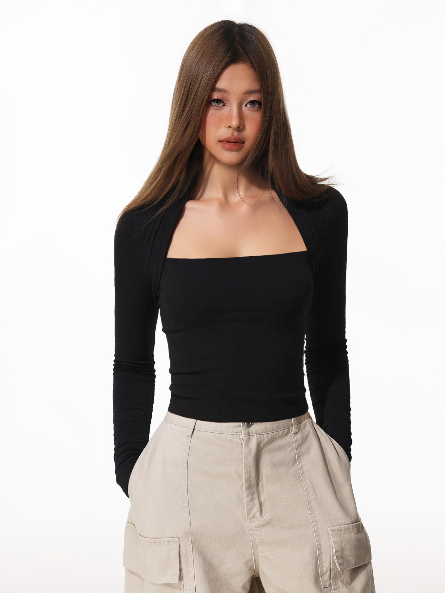 

Women s American Style Faux Two-Piece Slimming Black Long Sleeve Top: Versatile and Fashionable Slim-Fit T-Shirt with Flattering Inner Layer. Small чёрный